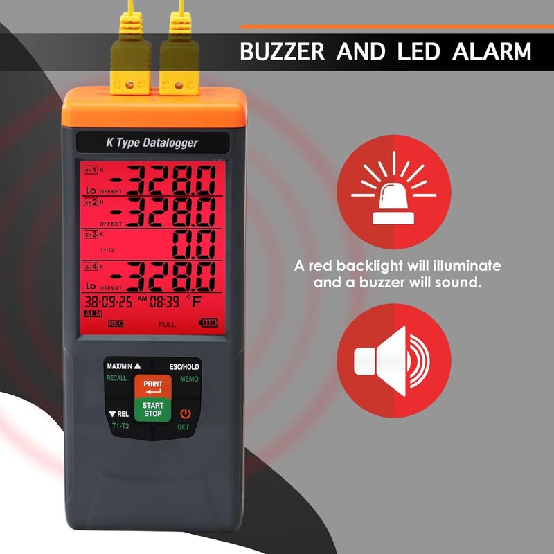 DANOPLUS Thermocouple Thermometer Temperature Data Logger, 4 Channels K Type Thermometer with 48,000 Groups Data Records, Temperature Logger with -328~2498℉ Measuring Range, Buzzer & Visible Alarm, Date&Time - Image 5